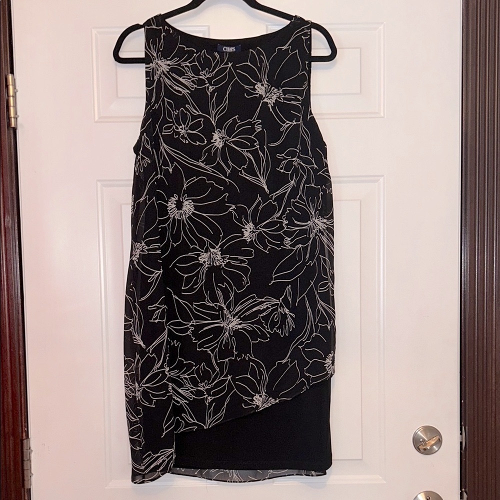 Chaps Asymmetrical Floral Dress Black/White 14 NWT Lined Sheath Sheer Classic